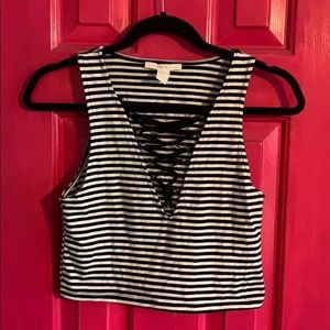 Black and White Stripe Crop Top with LaceUp Detail